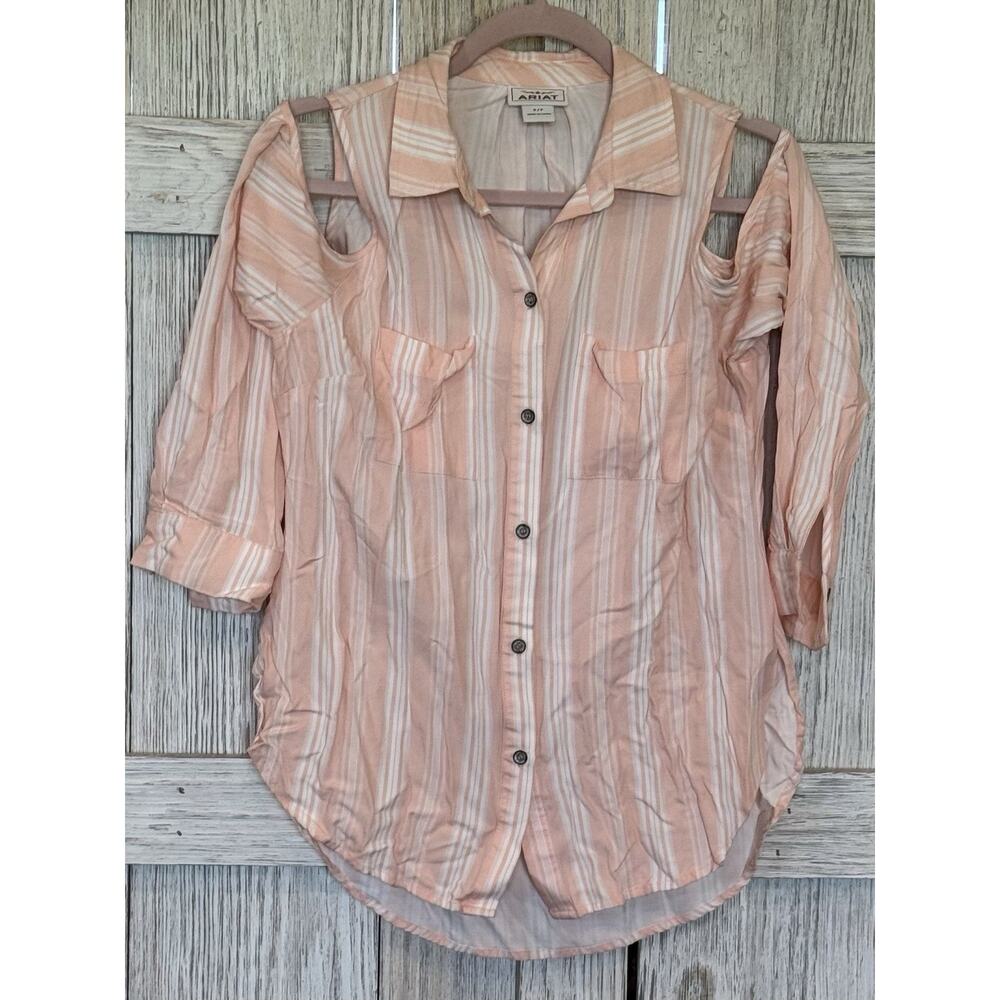 Ariat Womens‎ Markle Shirt Cold Shoulder Peach White Stipe Button Up Size S